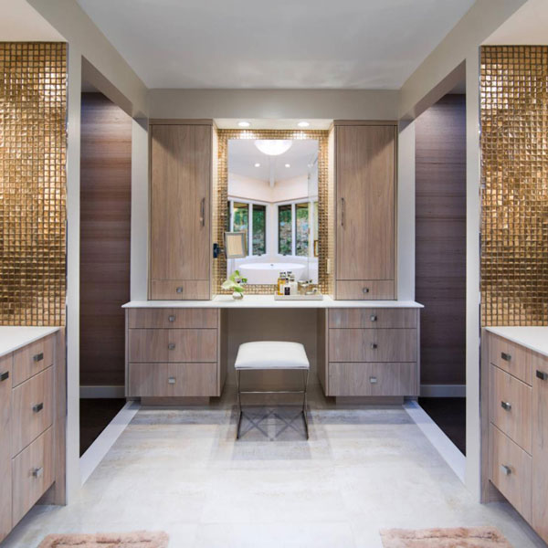 luxury double vanity bathroom with walk in closets