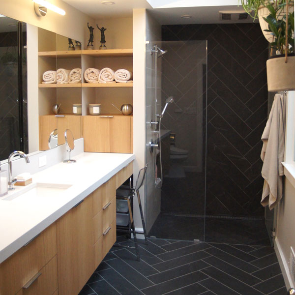 custom cabinets and tiled floor in luxury bathroom